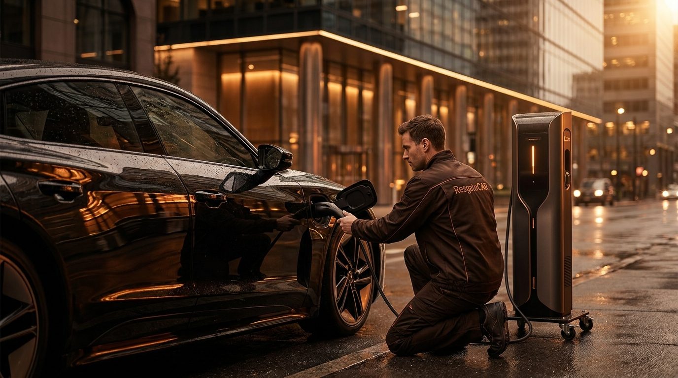 Socorrista recarregando carro elétrico premium em São Paulo